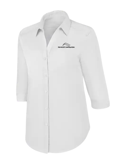 Womens White 3/4 Sleeve Carefree Poplin Shirt w/Tri-County Logo