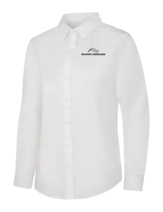 Womens White Long Sleeve Carefree Poplin Shirt w/Tri-County Logo