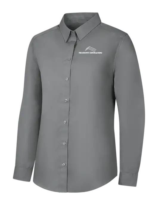 Womens Medium Grey Long Sleeve Carefree Poplin Shirt w/Tri-County Logo