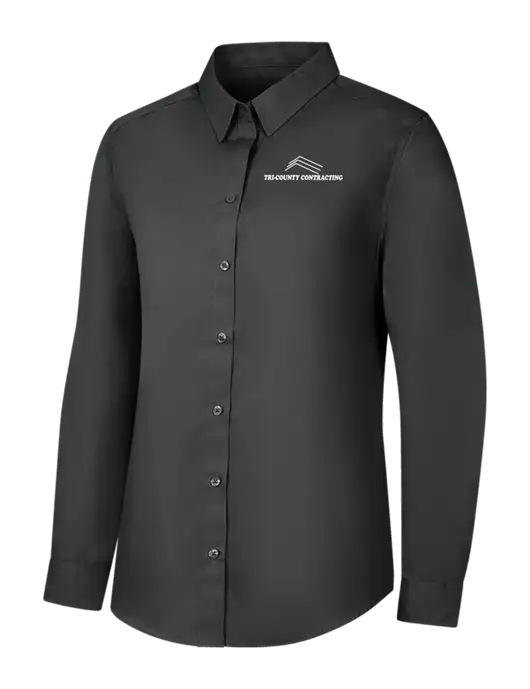 Womens Dark Grey Long Sleeve Carefree Poplin Shirt w/Tri-County Logo