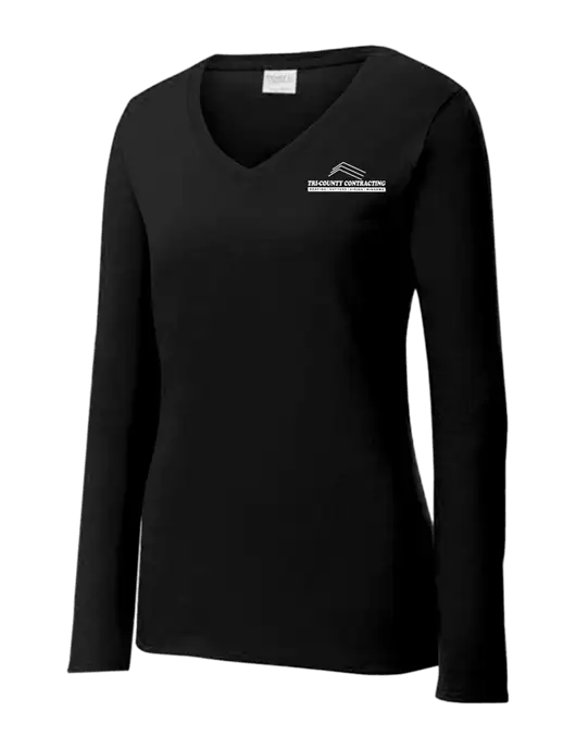 Womens V-Neck Ring Spun Jet Black 4.5 oz Long Sleeve T-Shirt w/Tri-County Logo