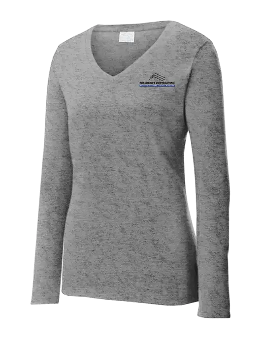 Womens  V-Neck Ring Spun Grey Heather 4.5 oz Long Sleeve T-Shirt w/Tri-County Logo