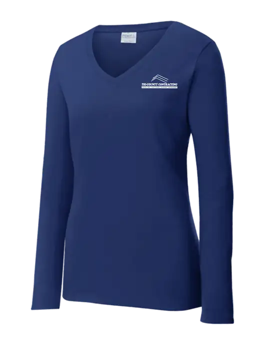 Womens  V-Neck Ring Spun Navy 4.5 oz Long Sleeve T-Shirt w/Tri-County Logo
