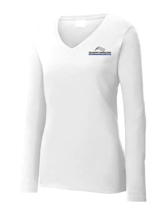 Womens  V-Neck Ring Spun White 4.5 oz Long Sleeve T-Shirt w/Tri-County Logo