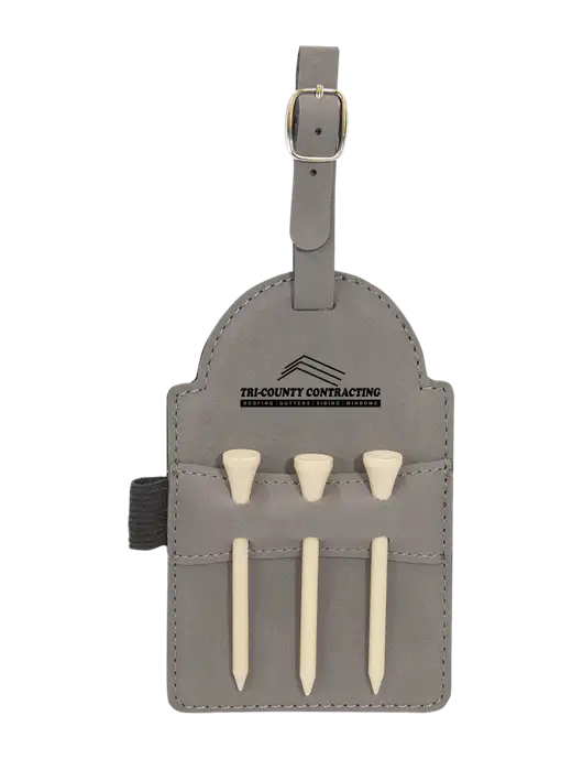 Grey Leatherette Golf Bag Tag with 3 Wooden Tees w/Tri-County Logo