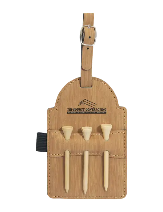 Bamboo Leatherette Golf Bag Tag with 3 Wooden Tees w/Tri-County Logo