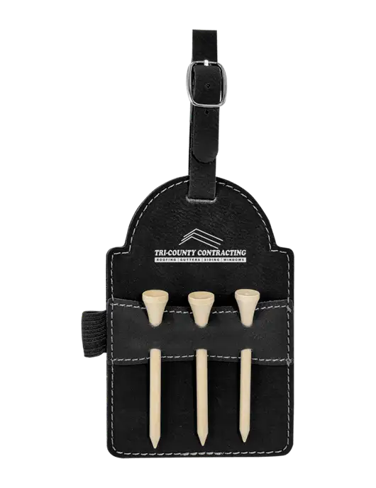 Black Leatherette Golf Bag Tag with 3 Wooden Tees w/Tri-County Logo