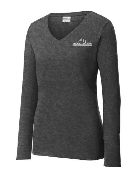Womens  V-Neck Ring Spun Dark Heather Grey 4.5 oz Long Sleeve T-Shirt w/Tri-County Logo