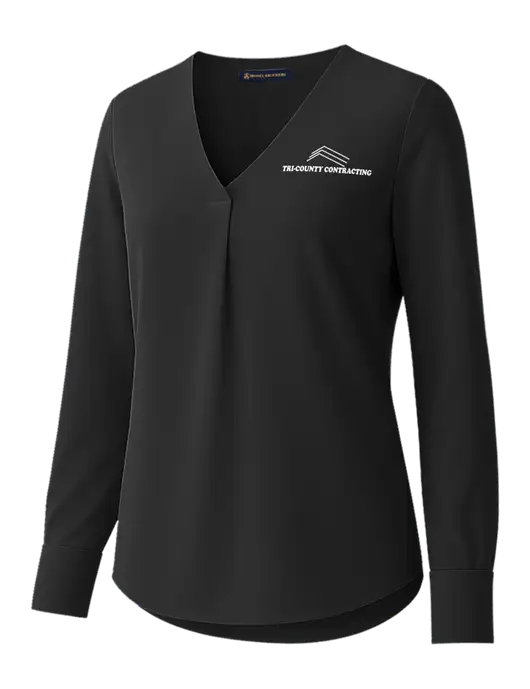Brooks Brothers Womens Black Open-Neck Satin Blouse  w/Tri-County Logo