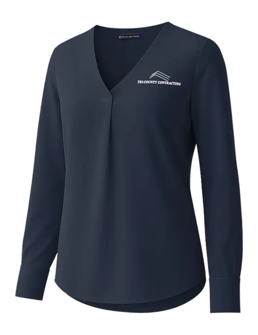 Brooks Brothers Womens Dark Navy Open-Neck Satin Blouse  w/Tri-County Logo