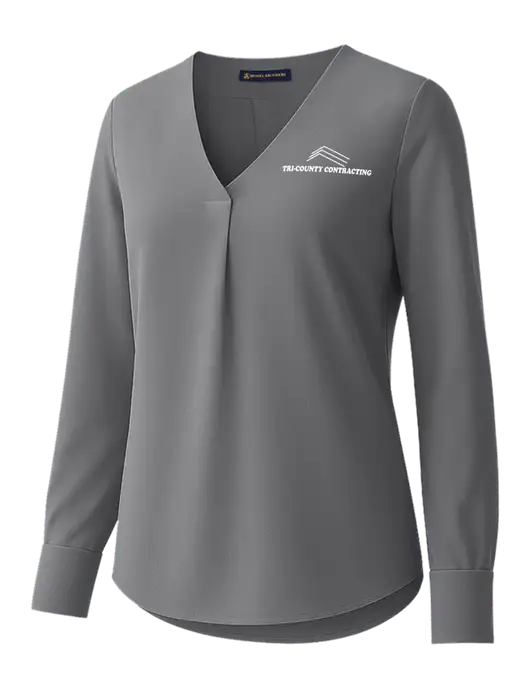 Brooks Brothers Womens Medium Grey Open-Neck Satin Blouse  w/Tri-County Logo
