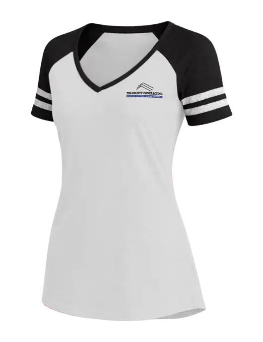 Womens White/Black V-Neck Game Tee w/Tri-County Logo