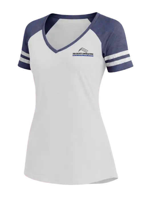 Womens White/Navy Heather V-Neck Game Tee w/Tri-County Logo